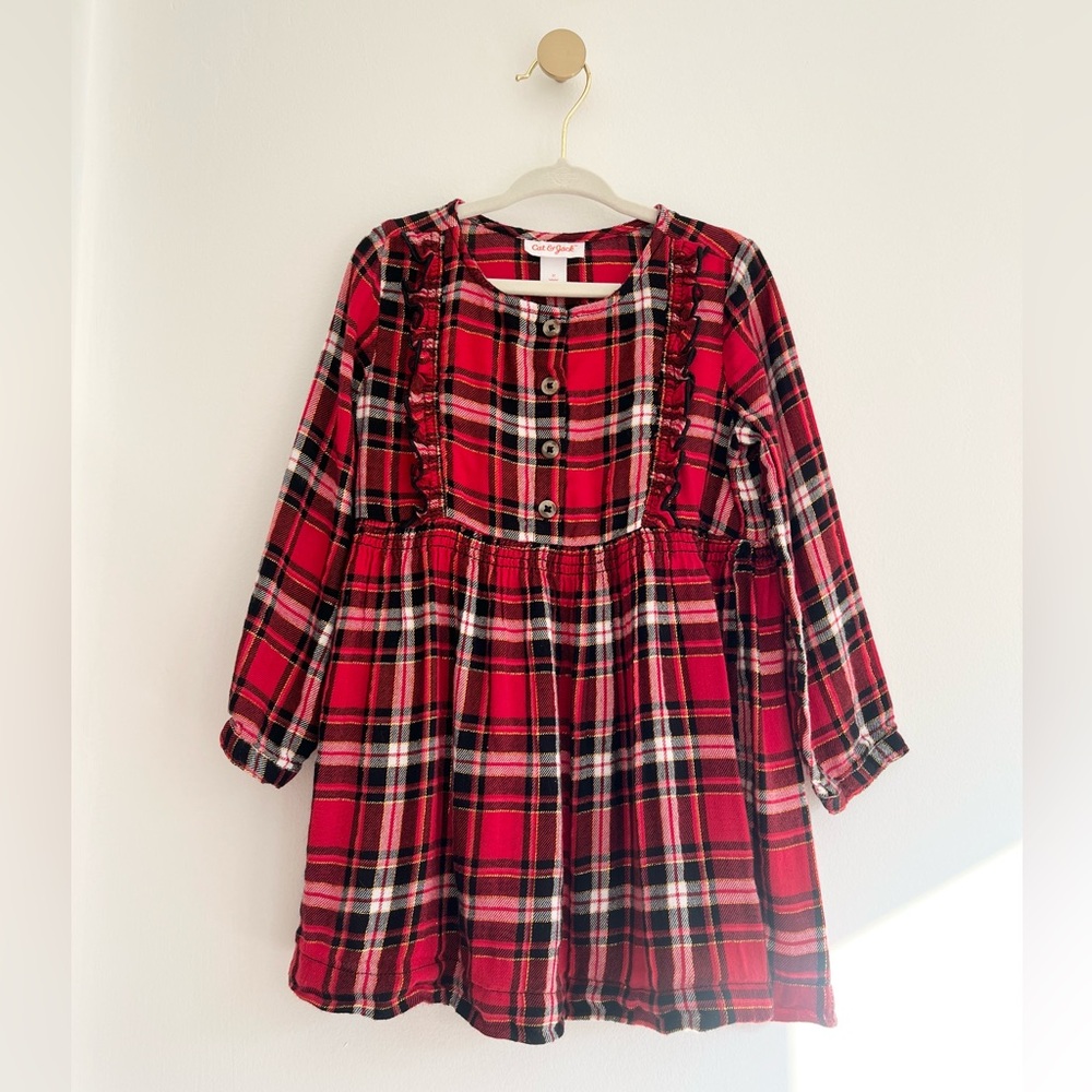 Cat & Jack Red Plaid Casual Holiday Dress | Girls 3T - Picture 2 of 4